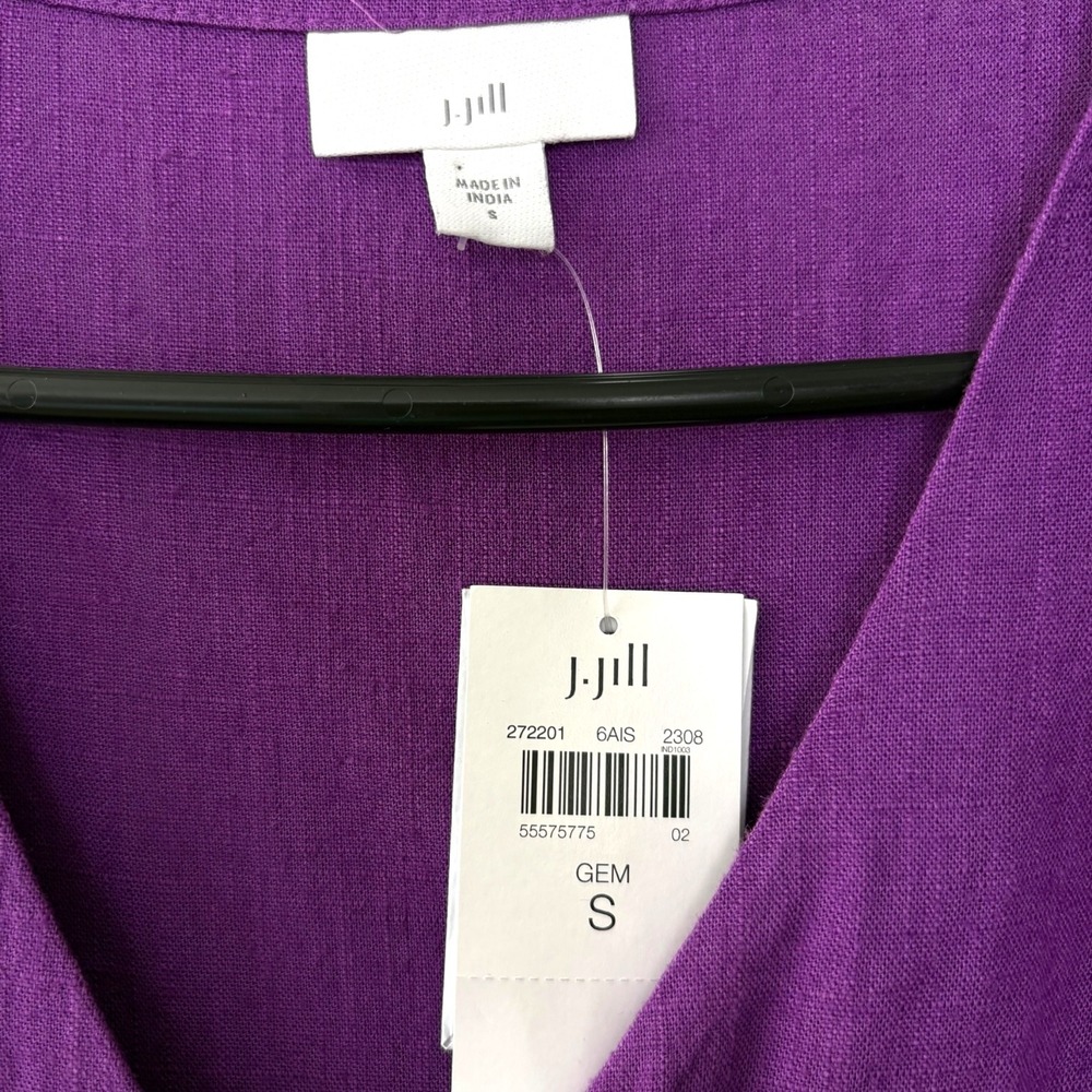 J. Jill Purple Linen Blend Midi Dress Puff Sleeve Button Front V Neck NWT Size S - Picture 3 of 8